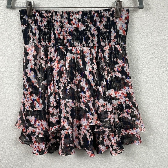 New ALC Vera Floral Silk Metallic Tiered Mini Skirt Smocked Waist Sz 4 - Picture 4 of 10